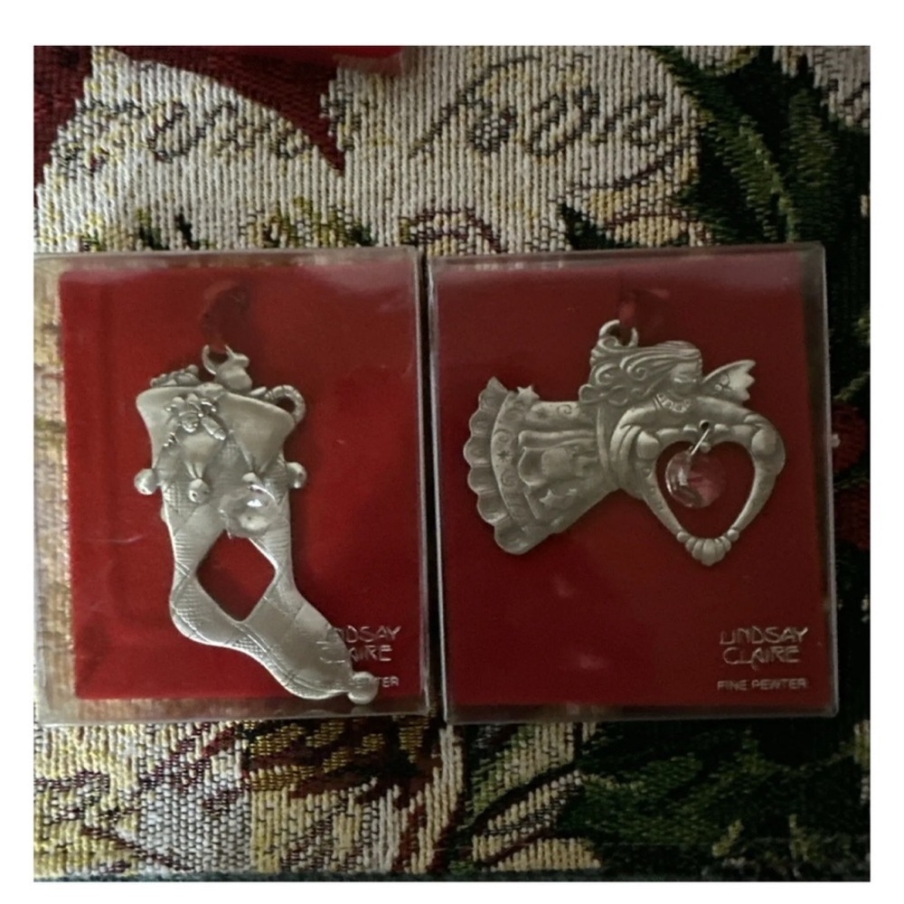 VTG, Lindsay Claire Fine Pewter Christmas Ornaments. Set of 2. Angel & Stocking.